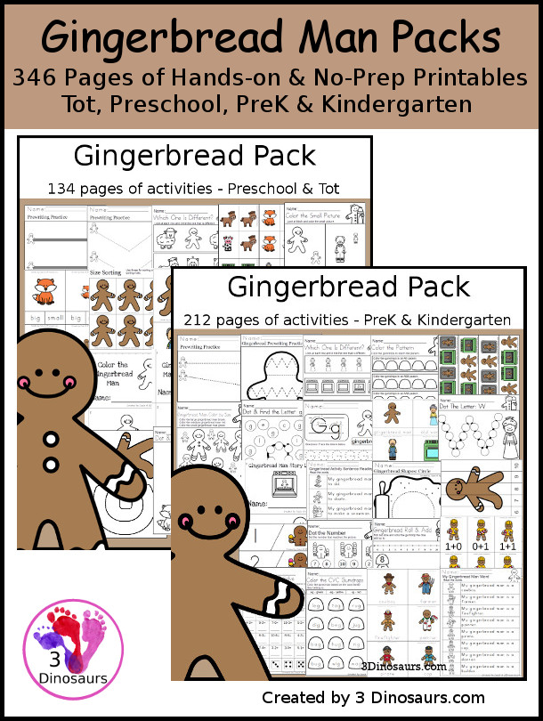 Gingerbread Packs for Preschool & Tot and PreK & Kindergarten - two different levels of packs with activities for different ages all-around a Gingerbread Man theme. There is a mix of hands-on and no-prep printables for kids to learn with - 3Dinosaurs.com
