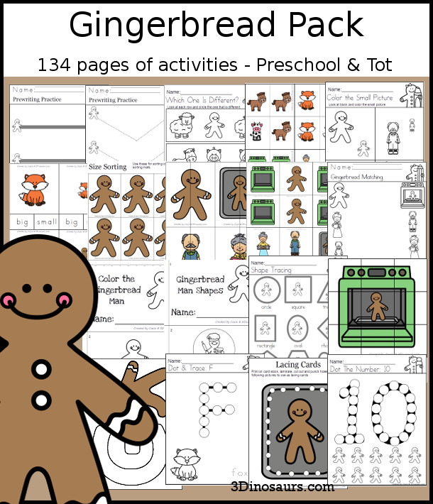 Gingerbread Packs for Preschool and Tot- 134 pages of activities around a Gingerbread Man Story theme. There is a mix of hands-on and no-prep printables for kids to learn with ABCs, numbers, shapes, prewriting, matching, roll and graph, and more- 3Dinosaurs.com