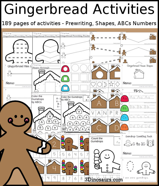 Gingerbread Activities Pack with Prewriting, Shapes, ABCs, and Numbers - 191 pages of activities with no-prep pages, clip cards and tracing strips to help with learning skills. A great addition to any gingerbread activity or theme. - 3Dinosaurs.com