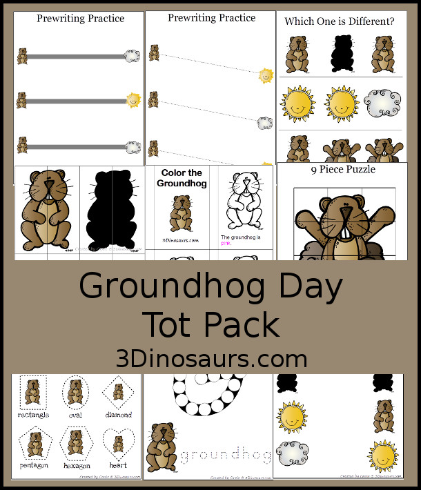 Free Groundhog Day Tot Pack - with 24 pages of printables with prewriting, shapes, puzzles, dot marker letters and more - 3Dinosaurs.com
