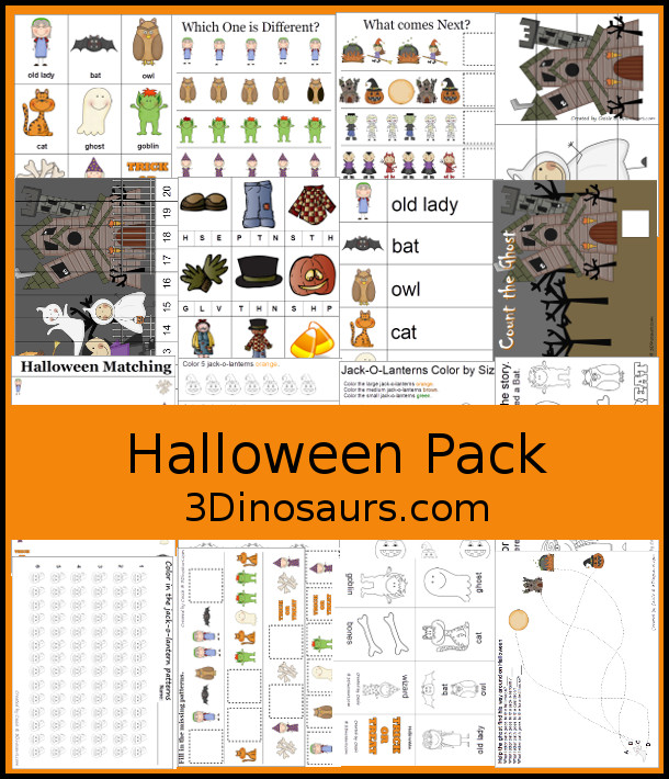 Free Halloween Pack For PreK & Kindergarten - fun printables with a mix of activities with cards, puzzles, hands-on activities and more with a fun Halloween theme that can be used with the book There was an Old Lady who Swallowed a Bat Over 110 pages - 3Dinosaurs.com