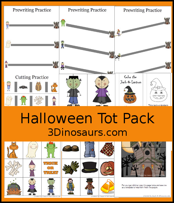 Free Halloween Pack For Tot & Preschool - fun printables with a mix of activities with cards, puzzles, hands-on activities and more with a fun Halloween theme that can be used with the book There was an Old Lady who Swallowed a Bat Over 22 page - 3Dinosaurs.com