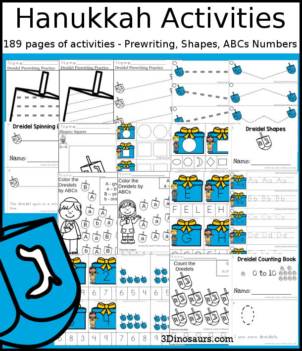 Hanukkah Activities Pack with Prewriting, Shapes, ABCs, and Numbers - 191 pages of Hanukkah activities with no-prep pages, clip cards and tracing strips to help with learning skills. A great addition to any Hanukkah activity. - 3Dinosaurs.com