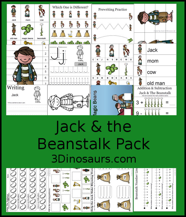 Free Jack & the Beanstalk Pack  with over 65 pages of activities for prek and kindergarten age kids with math language and other activities for them to do with hands-on and no-prep printables - 3Dinosaurs.com
