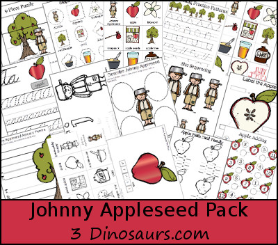 Free Johnny Apple Seed Pack - over 75 pages of activities - 3Dinosaurs.com