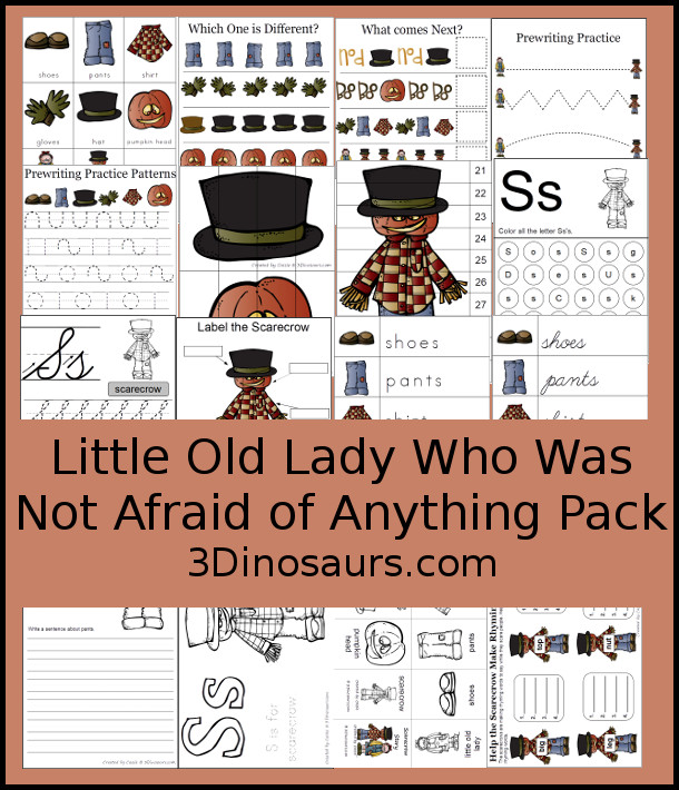 Free Little Old Lady Who Was Not Afraid of Anything Pack - over 70 pages of activities with print and cursive, puzzles, small books, rhyming words, matching, color and trace, addition, and more - 3Dinosaurs.com