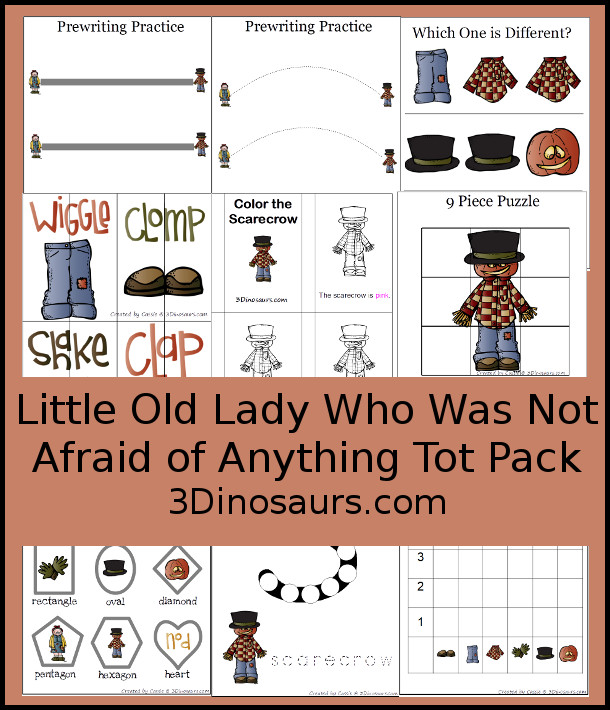 Free Little Old Lady Who Was Not Afraid of Anything Tot Pack - 30 pages of activities with prewriting lines, puzzles, small color book, dot marker letter S, shapes, and more - 3Dinosaurs.com
