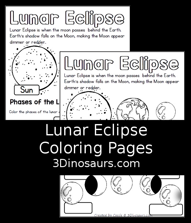 Free Lunar Eclipse Coloring Pages - simple coloring pages with the Sun, Earth, Moon, and the parts of a total lunar eclipse. - 3Dinosaurs.com