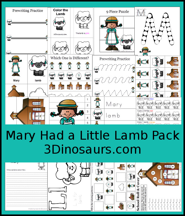 Free Mary Had a Little Lamb Pack - over 30 pages of activities - 3Dinosaurs.com
