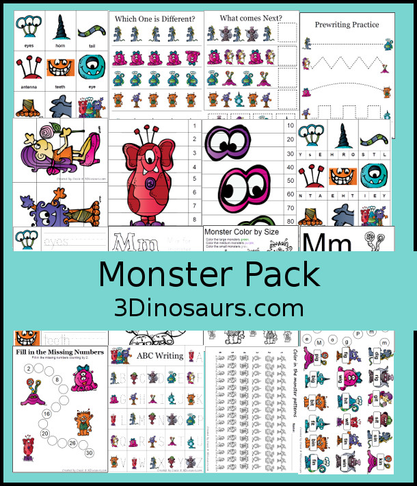 Monster Pack - with over 65 pages of activities for kids to learn numbers, size sorting, addition, subtraction, short i vowelrs, blends: be dr, or, dot the letter and more - 3Dinosaurs.com 