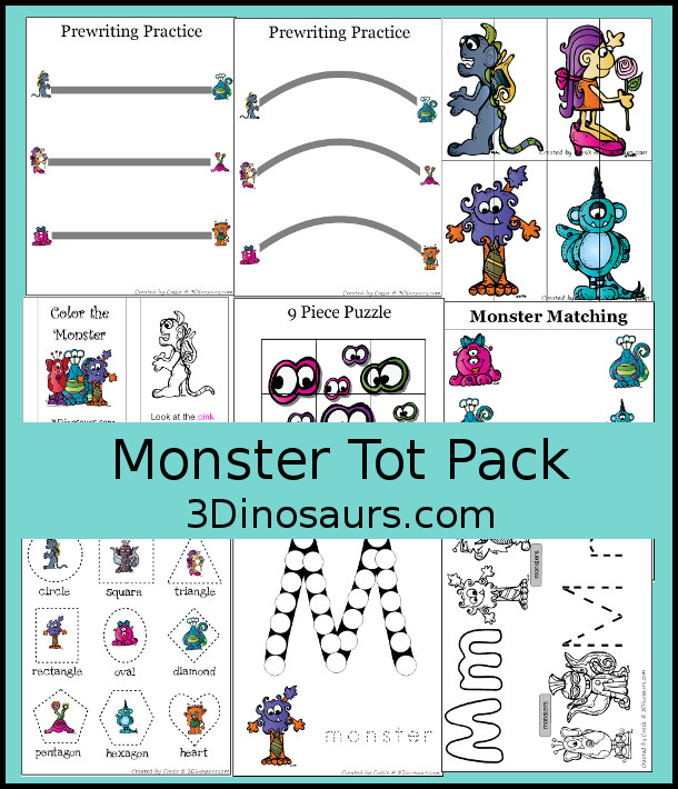 Free Monster Tot Pack - with 36 pages of activities with puzzles, letters, shapes and prewriting - 3Dinosaurs.com 