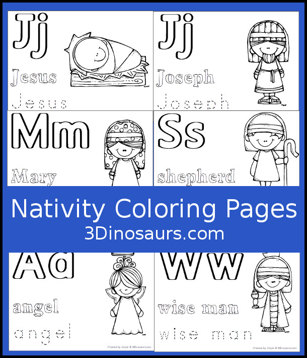 Free Nativity Coloring Pages - with 14 words for kids to color from the Nativity Story - 3Dinosaurs.com