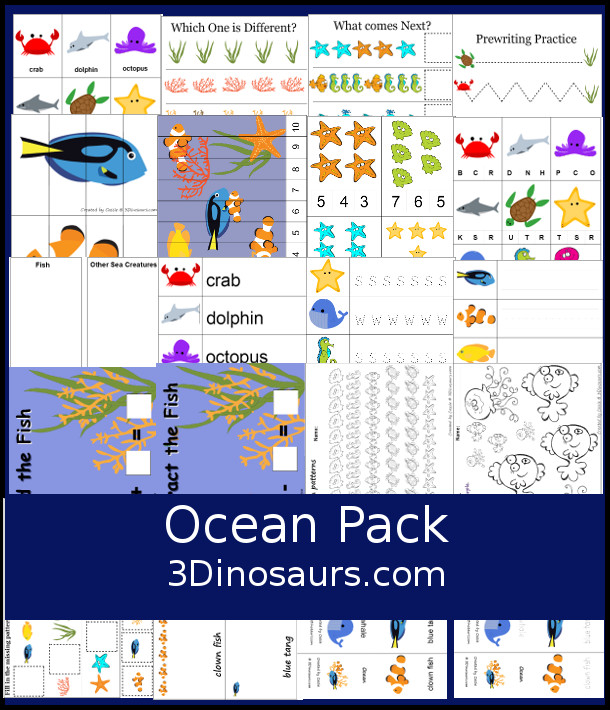 Free Ocean Pack for Prek and Kindergarten with counting, writing, beginning sounds, matching rewriting, patterns, addition and subtraciont mats, and more - 3Dinosaurs.com