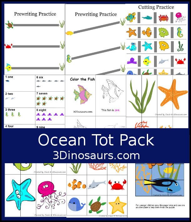 Free Ocean Pack for Tot and Preschool with counting, prewritng, 2 piece puzzles, color book, 9 piece puzzle matching and more - 3Dinosaurs.com