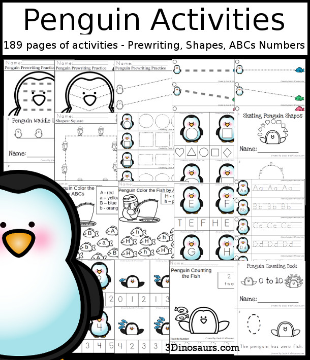 Penguin Activities Pack with Prewriting, Shapes, ABCs, and Numbers - 189 pages of activities with no-prep pages, clip cards and tracing strips to help with learning skills - 3Dinosaurs.com