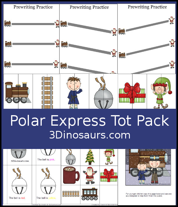 Free Polar Express Tot Pack Pritnables - with 11 pages of fun printables to learn with colors, prewriting, puzzles and matching - 3Dinosaurs.com