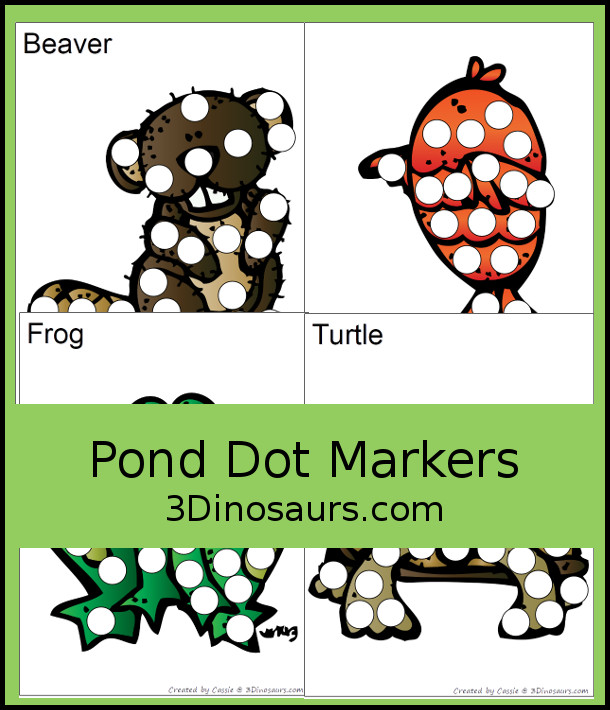 Free Pond Dot Markers - with several pond animals that go great with the book Jump Frog Jump - 3Dinosaurs.com