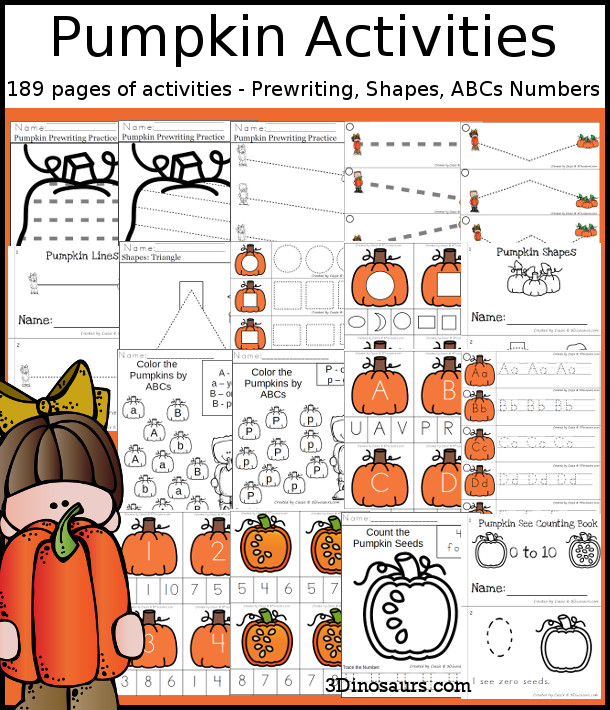 Pumpkin Activities Pack with Prewriting, Shapes, ABCs, and Numbers - 191 pages of activities with no-prep pages, clip cards and tracing strips to help with learning skills. A great addition to any pumpkin or fall theme you do. - 3Dinosaurs.com