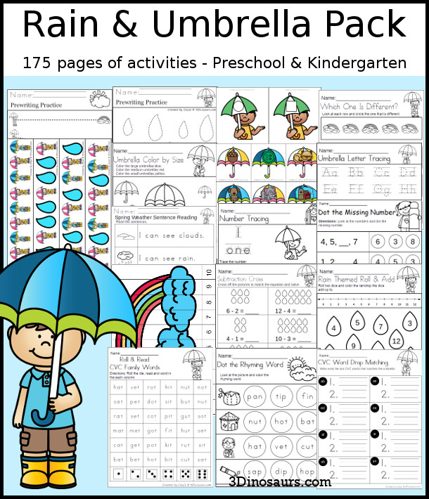 Rain & Umbrella Themed Spring Pack for PreK & Kindergarten with 175 pages of activities, easy reader books, ABCs, numbers, CVC, addition, subtraction, and no-prep printables - 3Dinosaurs.com