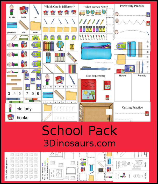 Free School Pack Printables - this is a great free school pack with loads of activities for prek and kindergarten with school vocab cards, writing tracing, sorting and more - 3Dinosaurs.com