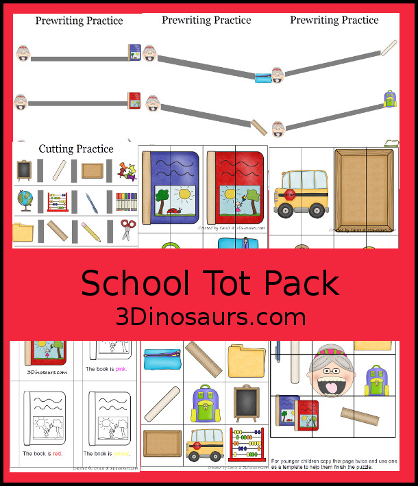 Free School Tot Pack Printables - this is a great free school pack with prewriting, small coloring book, matching cards, cutter practice and more - 3Dinosaurs.com