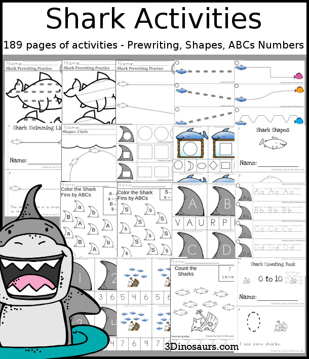 Shark Activities Pack with Prewriting, Shapes, ABCs, and Numbers - 191 pages of activities with no-prep pages, clip cards and tracing strips to help with learning skills. A great addition to any ocean or shark week you do. - 3Dinosaurs.com