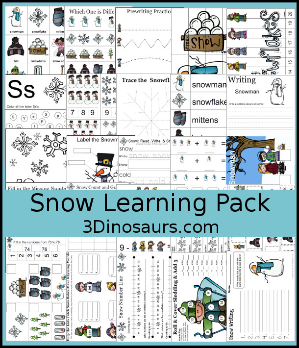 Free Snow Learning Pack - with over 100 pages of printables with writing, tracing, snow words, math, ABCs, puzzles, clip cards and more learning skills with prek, kindergarten, first grade, and second grade activities - 3Dinosaurs.com