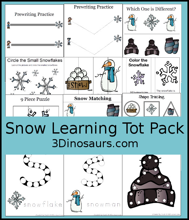 Free Snow Learning Tot Pack - with 36 pages of printables with prewriting, shapes, which is different, small coloring book for tot and preschool activities - 3Dinosaurs.com