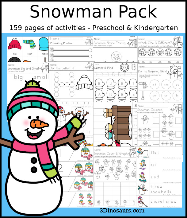 Snowman Themed Pack for PreK and Kindergarten with 150 pages of activities, cards, easy reader books and no-prep printables - 3Dinosaurs.com