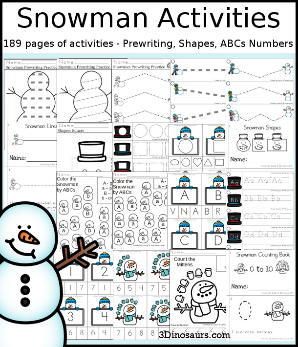 Snowman Activities Pack with Prewriting, Shapes, ABCs, and Numbers - 191 pages of activities with no-prep pages, clip cards, and tracing strips to help with learning skills. A great addition to any Snowman activity or theme. - 3Dinosaurs.com