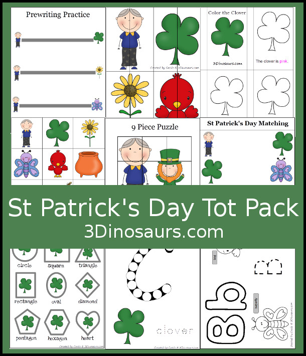 Free St. Patrick’s Day Tot Pack Printables - with 24 pages of printables with puzzles, prewriting, coloring pages, matching and more with this easy use pack for tot and preschool age kids from 3Dinosuars.com