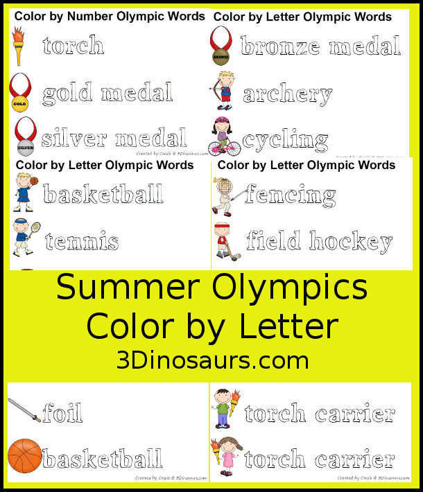 Summer Olympic Pack Extra: Color by Letter - 30 summer sport and summer Olympic words for kids to color by letter - easy way to work on spelling words for the summer Olympics - 3Dinosaurs.com 