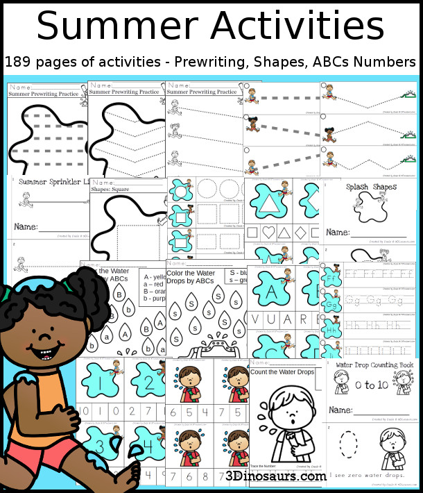 Summer Activities Pack with Prewriting, Shapes, ABCs, and Numbers - 191 pages of activities with no-prep pages, clip cards and tracing strips to help with learning skills. Plus has a cute summer water themes - 3Dinosaurs.com