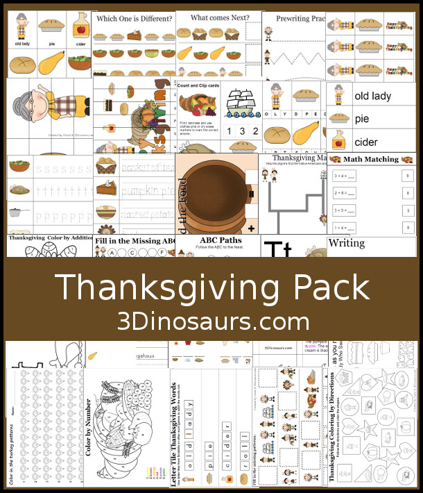 Free Thanksgiving Pack for PreK, Kindergarten, First Grade - over 120 pages for the pack with a mix of hands-on and no-prep activities - 3Dinosaurs.com