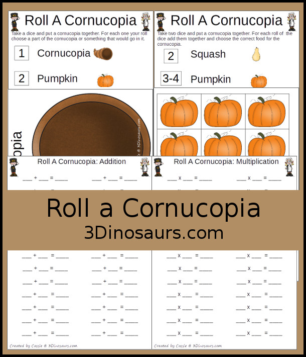 Free Roll A Cornucopia Printable - counting, addition, multiplcation with a Thanksgiving food theme -  3Dinosaurs.com