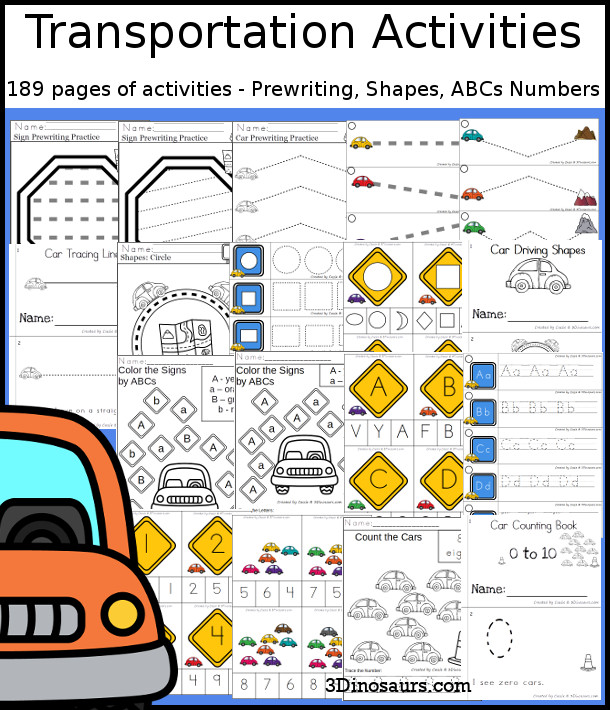 Transportation Activities Pack with Prewriting, Shapes, ABCs, and Numbers - 191 pages of activities with no-prep pages, clip cards and tracing strips to help with learning skills. A great addition to any car or transportation activity or theme. - 3Dinosaurs.com