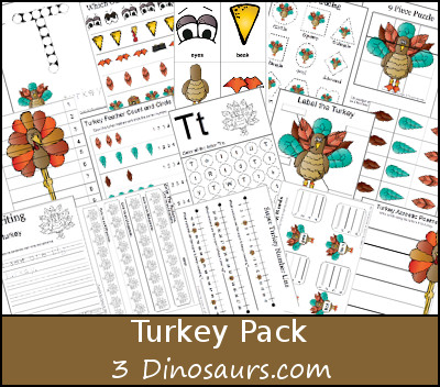 Free Turkey Pack - over 50 pages of activities - 3Dinosaurs.com