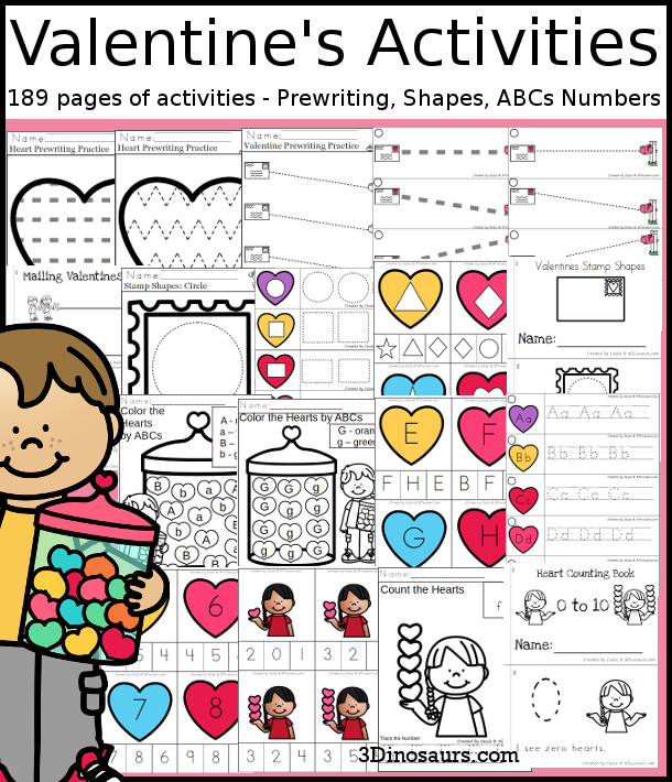 Valentines Activities Pack with Prewriting, Shapes, ABCs, and Numbers - 189 pages of activities with no-prep pages, clip cards and tracing strips to help with learning skills - 3Dinosaurs.com