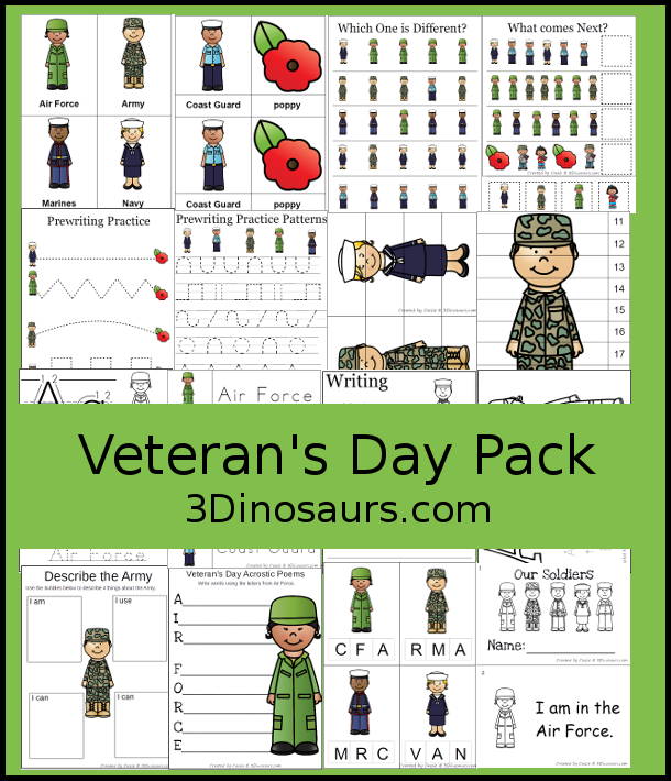 Free Veterans Day Pack with puzzles, clip cards, tracing, writing, easy reader book, patterns - over 60 pages of activities - 3Dinosaurs.com