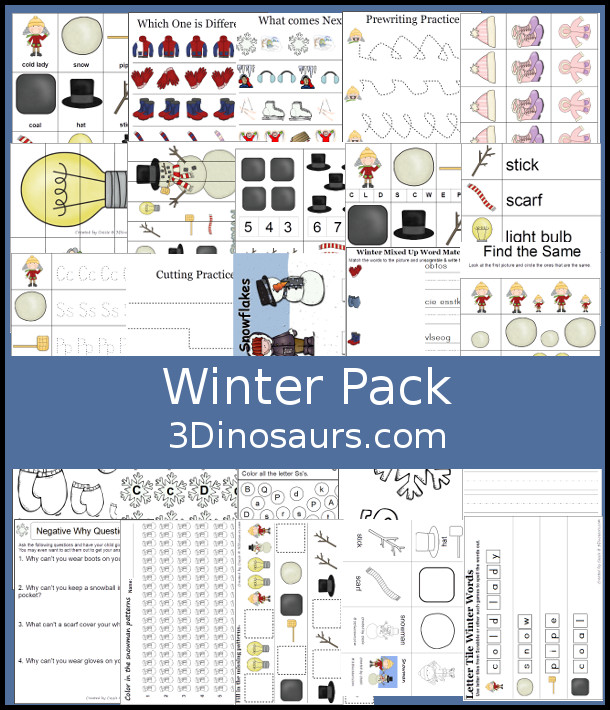 Free Winter Pack for PreK, Kindergarten, and First Grade with over 230 pages of printables with puzzles, cards, matching, coloring tracing dotting and more - 3Dinosaurs.com