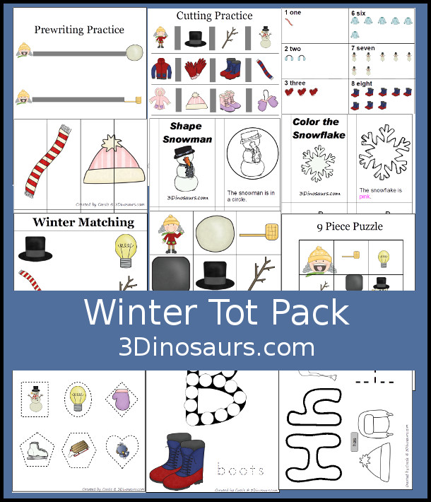 Free Winter Tot & Preschool Pack - prewriting, matching, 2 pieces puzzles, color books, counting book, dot marker letters and more - 3Dinosaurs.com