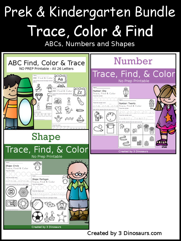 PreK & Kindergarten ABC, Numbers & Shapes Trace Color & Find Bundle - with all 26 letters of the alphabet, numbers 0 to 20 and 12 shapes for kids to work on $ - 3Dinosaurs.com