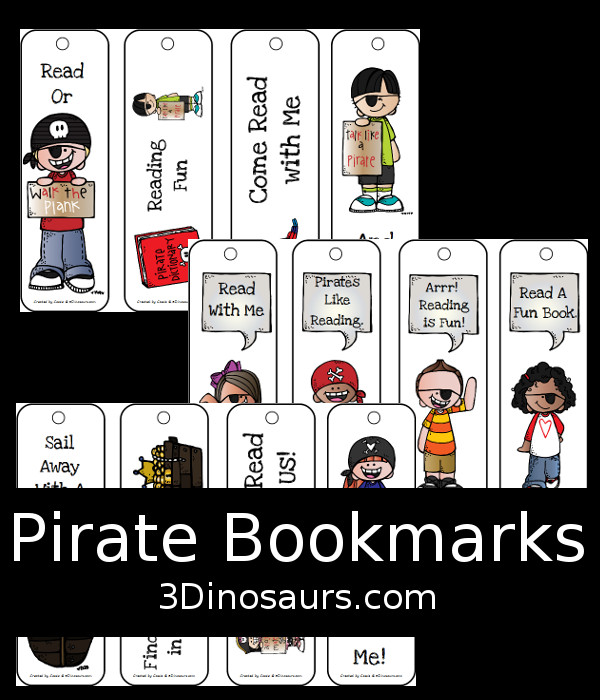 Free Pirate Themed Bookmarks - 12 different ones to pick from for talk like a pirate day! - 3Dinosaurs.com