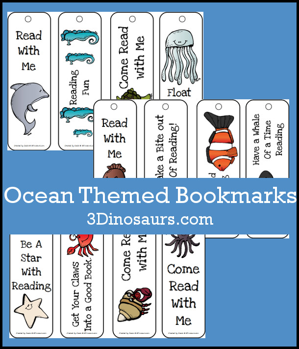 Free Ocean Themed Bookmarks - 12 different ones to pick from and use during summer reading or all year reading.  3Dinosaurs.com