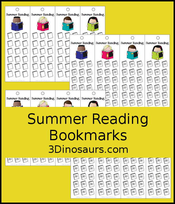 Free Summer Reading Bookmarks - Fun bookmarks to keep track of summer reading with books, or 10, 20 or 30 minutes - 3Dinosaurs.com