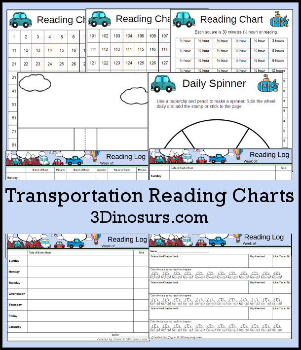 Free Zooming Fun Transportation Reading Chart Printables - weekly charts, 100 charts and minutes charts - 3Dinosaurs.com