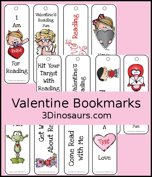 FREE Valentine's Bookmarks with 12 bookmarks for kids to use. You have a mix of vertical and horizontal bookmarks all with saying for reading around Valentine's Day - 3Dinosaurs.com