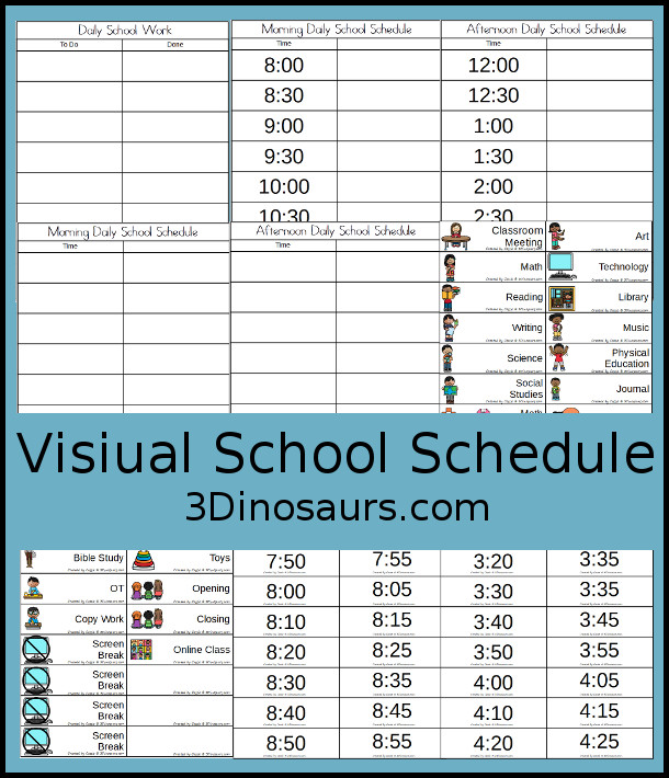 Free Daily Visual School Schedule for Remote, Hybrid, or At Home Learning - with three schedules, visual cards and time cards to use with the sets with a mix of ways to use the schedules- 3Dinosaurs.com