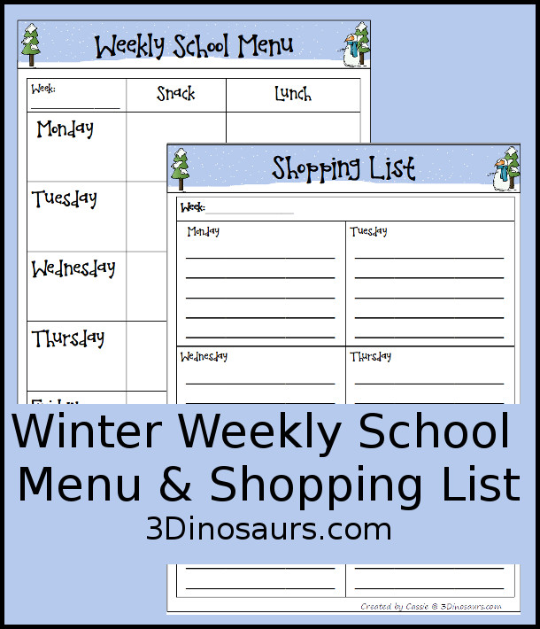 Free Winter Themed Weekly School Menu - a fun printable to help kids keep track of what they are eating - 3Dinosaurs.com