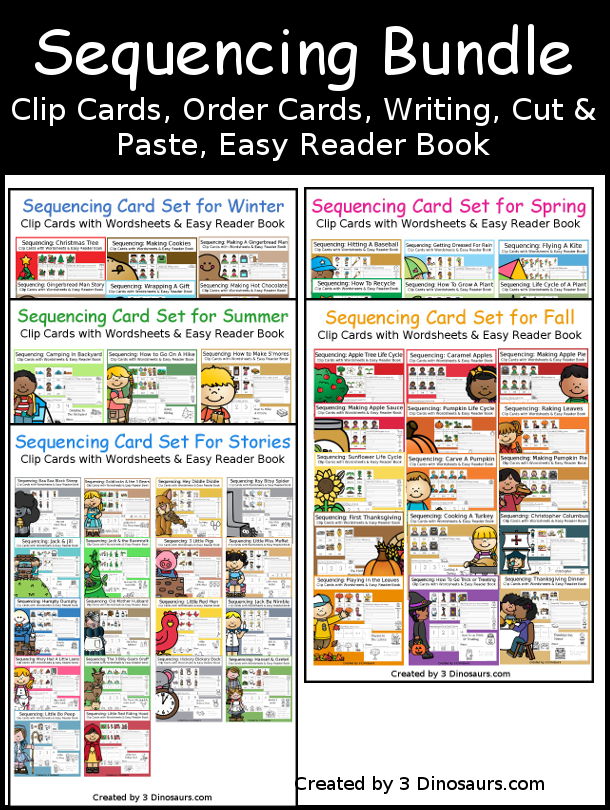 Sequencing Bundle for Stories, Fall, Winter, Spring & Summer with Clip Cards, Order Cards, Writing, Cut & Paste, Easy Reader Book- 3Dinosaurs.com